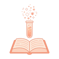 Aufgeschlagenes Buch mit Reagenzglas und Funken – Symbol für das Entdecken von Kinder-Experimenten.