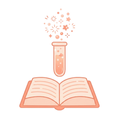 Aufgeschlagenes Buch mit Reagenzglas und Funken – Symbol für das Entdecken von Kinder-Experimenten.