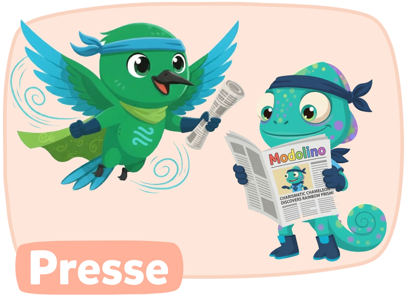 Flux überreicht eine Zeitung an Lumi, der die Modolino-Presse-Neuigkeiten liest.