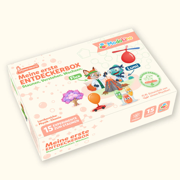 Experimentierkasten für Kinder mit Chamäleon Lumi und 10 Experimenten rund um Licht und Farben.