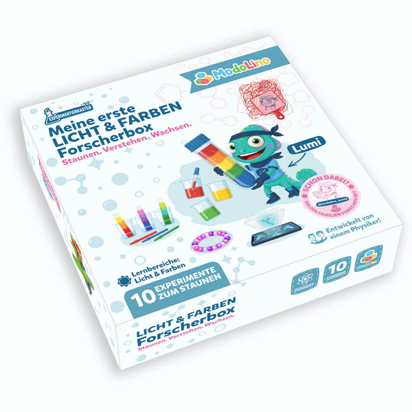 Experimentierkasten für Kinder mit Chamäleon Lumi und 10 Experimenten rund um Licht und Farben.