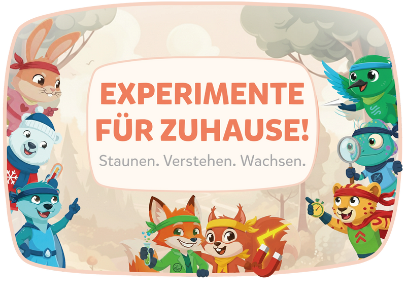 Alle Modolino-Charaktere versammelt im Wald mit dem Motto Experimente für Zuhause – Staunen, Verstehen, Wachsen.