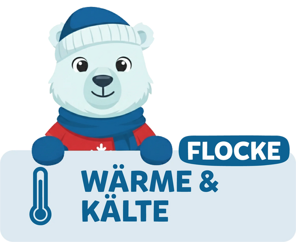 Modolino-Charakter Flocke der Eisbär steht für Wärme und Kälte bei Kinder-Experimenten.