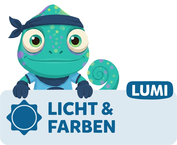 Modolino-Charakter Lumi das Chamäleon begleitet Kinder bei Experimenten zu Licht und Farben.