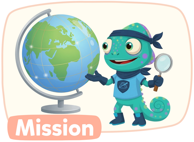 Modolino-Charakter Lumi steht mit Lupe neben einem Globus und symbolisiert die Entdeckermission für Kinder.