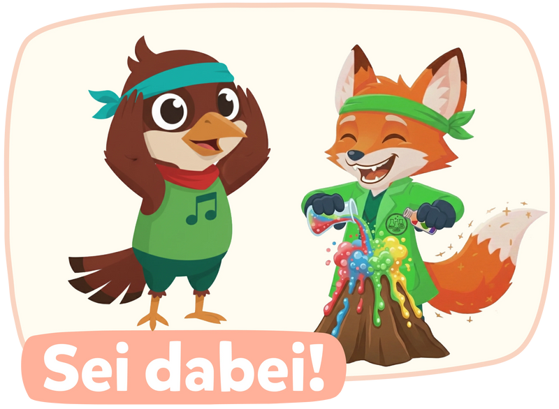 Modolino-Charaktere Lotta und Flora laden mit einem bunten Vulkan-Experiment zum Mitmachen ein.