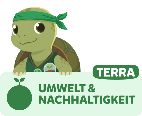 Modolino-Charakter Terra die Schildkröte steht für Umwelt und Nachhaltigkeit bei Kinder-Experimenten.