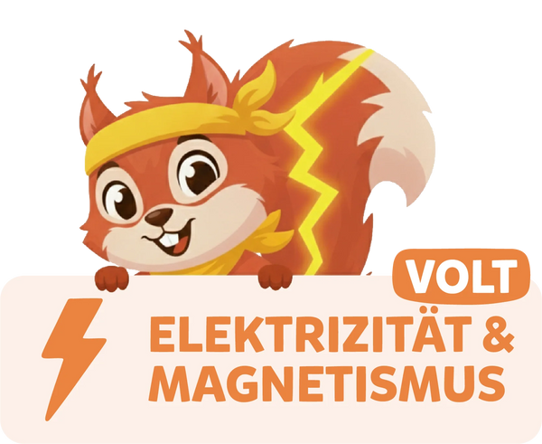 Modolino-Charakter Volt das Eichhörnchen steht für Elektrizität und Magnetismus bei Kinder-Experimenten.