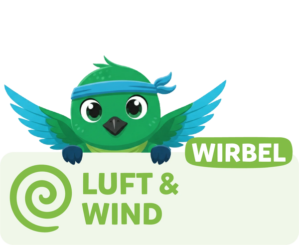 Modolino-Charakter Wirbel der Vogel begleitet Kinder bei Experimenten zu Luft und Wind.